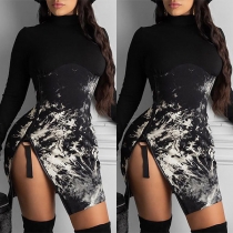 Sexy Slit Hem Long Sleeve Slim Fit Tie-dye Printed Dress