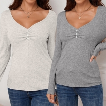 Mode enfärgad långärmad V-ringad Slim Fit topp