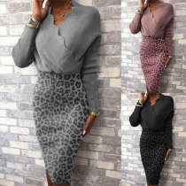Sexy V-neck High Waist Leopard Spliced Slim Fit Dress