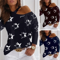 Sexy Off-shoulder Long Sleeve Pentagram Printed T-shirt
