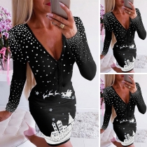 Sexy V-neck Long Sleeve Slim Fit Printed Dress