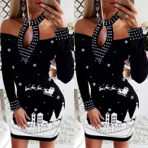 Sexy Off-shoulder Long Sleeve Slim Fit Printed Halter Dress