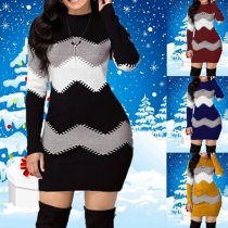 Fashion Long Sleeve Round Neck Slim Fit Contrast Color Knit Dress