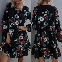 Sweet Style Long Sleeve Lace-up V-neck Ruffle Hem Printed Dress
