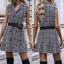 OL Style Sleeveless Notched Lapel Ruffle Hem Plaid Dress