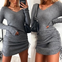Sexy V-neck Side-drawstring Long Sleeve Slim Fit Knit Dress