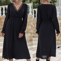 Sexy Lace Spliced V-neck Trumpet Sleeve High Waist Dress