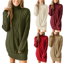 Fashion Solid Color Long Sleeve Turtleneck Sweater Dress