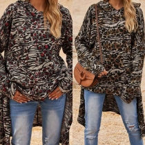 Chic Style Long Sleeve Hooded High-low Hem Printed Top