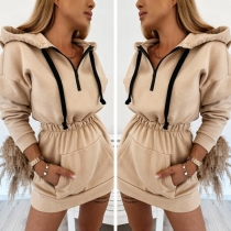 Fashion Solid Color Long Sleeve Hooded Sweatshirt Dress