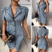 Fashion Short Sleeve Notched Lapel Single-breasted Slim Fit Denim Dress