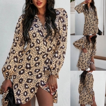 Sexy V-neck Irregular Hem Long Sleeve Leopard Printed Dress
