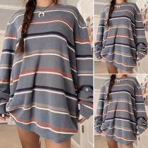 Fashion Long Sleeve Round Neck Loose Striped Knit Top