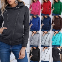 Fashion Solid Color Long Sleeve Oblique Zipper Hooded Sweatshirt Coat