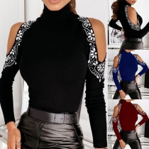 Sexy Off-shoulder Long Sleeve Mock Neck Rhinestone SPliced Knit Top