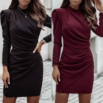 Elegant Solid Color Long Sleeve Mock Neck Slim Fit Wrinkled Dress