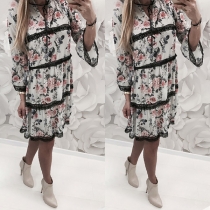 Sexy V-neck Trumpet Sleeve Lace Spliced Printed Dress