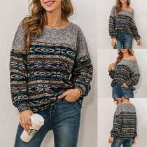Retro Style Long Sleeve Oblique Shoulder Printed Top