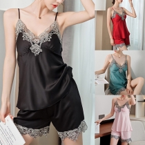 Sexig rygglös V-ringad spetsskarvad Sling Top + Shorts Nattkläder Set