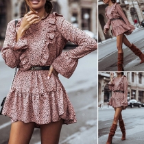 Sweet Style Long Sleeve Round Neck Leopard Printed Ruffle Dress