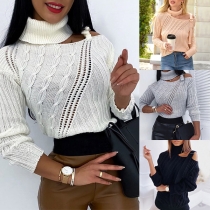 Sexy Off-shoulder Long Sleeve Turtleneck Long Sleeve Solid Color Knit Top