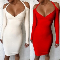 Sexy Off-shoulder Long Sleeve V-neck Slim Fit Halter Dress