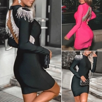 Sexy Tassel Backless Long Sleeve Mock Neck Tight Dress