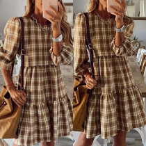 Fashion 3/4 Sleeve Round Neck Plaid Dress