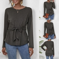 Fashion Solid Color Long Sleeve Round Neck Lace-up T-shirt