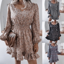 Sweet Style Lantern Sleeve Square Collar Ruffle Hem Printed Dress