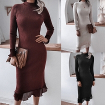 Elegant Solid Color Long Sleeve Mock Neck Ruffle Hem Slim Fit Knit Dress