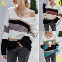 Fashion Contrast Color Long Sleeve V-neck Knit Top
