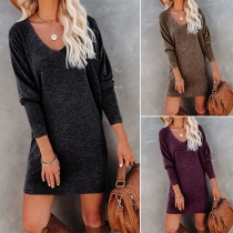 Fashion Solid Color Long Sleeve V-neck Knit Dress