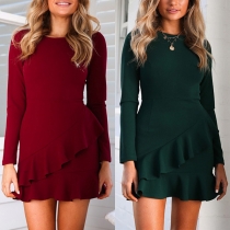 Fashion Solid Color Long Sleeve Round Neck Ruffle Hem Dress