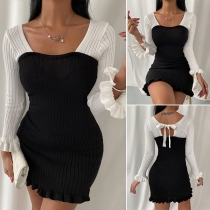 Fashion Contrast Color Long Sleeve Slim Fit Stringy Selvedge Knit Dress