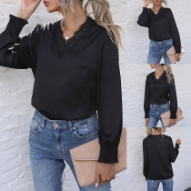 Fashion Lace Spliced V-neck Long Sleeve Solid Color Top