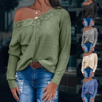 Fashion Solid Color Long Sleeve Lace Spliced V-neck T-shirt