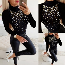 Fashion Rhinestone Inlaid Long Sleeve Mock Neck Slim Fit T-shirt