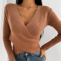 Sexy V-neck Long Sleeve Solid Color Top