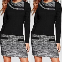 Fashion Contrast Color Long Sleeve Oblique Collar Slim Fit Dress