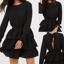 Elegant Solid Color Long Sleeve Round Neck Cake Hem Dress
