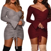 Sexy V-neck Trumpet Sleeve Slim Fit Drawstring Dress