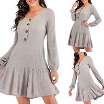 Simple Style Long Sleeve Round Neck Ruffle Hem Dress