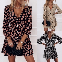 Sexy V-neck Long Sleeve Ruffle Hem Printed Dress