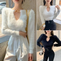 Sexig off-shoulder långärmad kedja rund hals enfärgad tröja