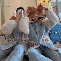 Cute Cartoon Shape Contrast Color Long Sleeve Plush Nightwear Set