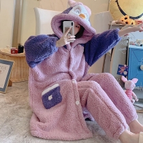 Fashion Contrast Color Long Sleeve Hooded Robe + Pants Nightwear Set