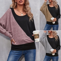 Sexy Oblique Shoulder Dolman Sleeve Contrast Color T-shirt