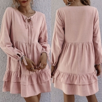 Fashion Solid Color Long Sleeve V-neck Ruffle Hem Loose Dress
