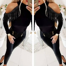 Sexy Off-shoulder Long Sleeve Mock Neck Slim Fit Tassel Top